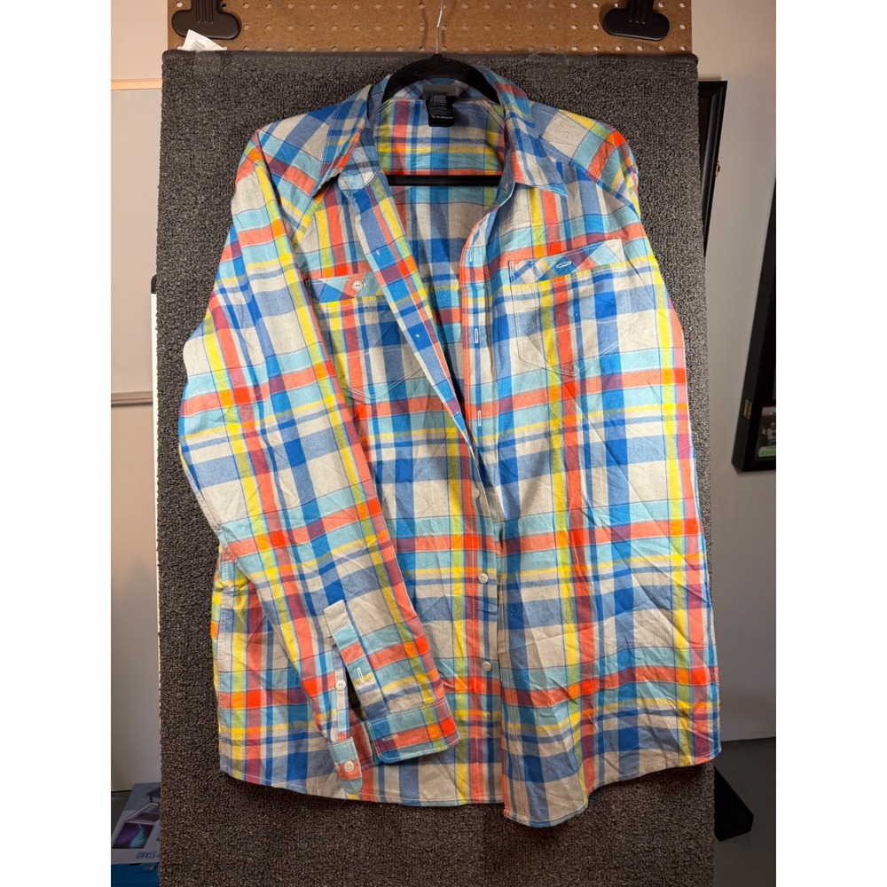 The North Face Plaid Button Down Mens Large Blue Orange Yellow Hiking Shirt